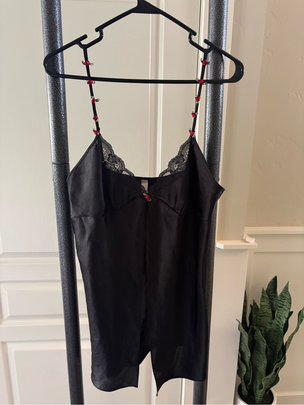 Victoria's Secret Black Satin Slip with Red Beaded rosettes // nightie